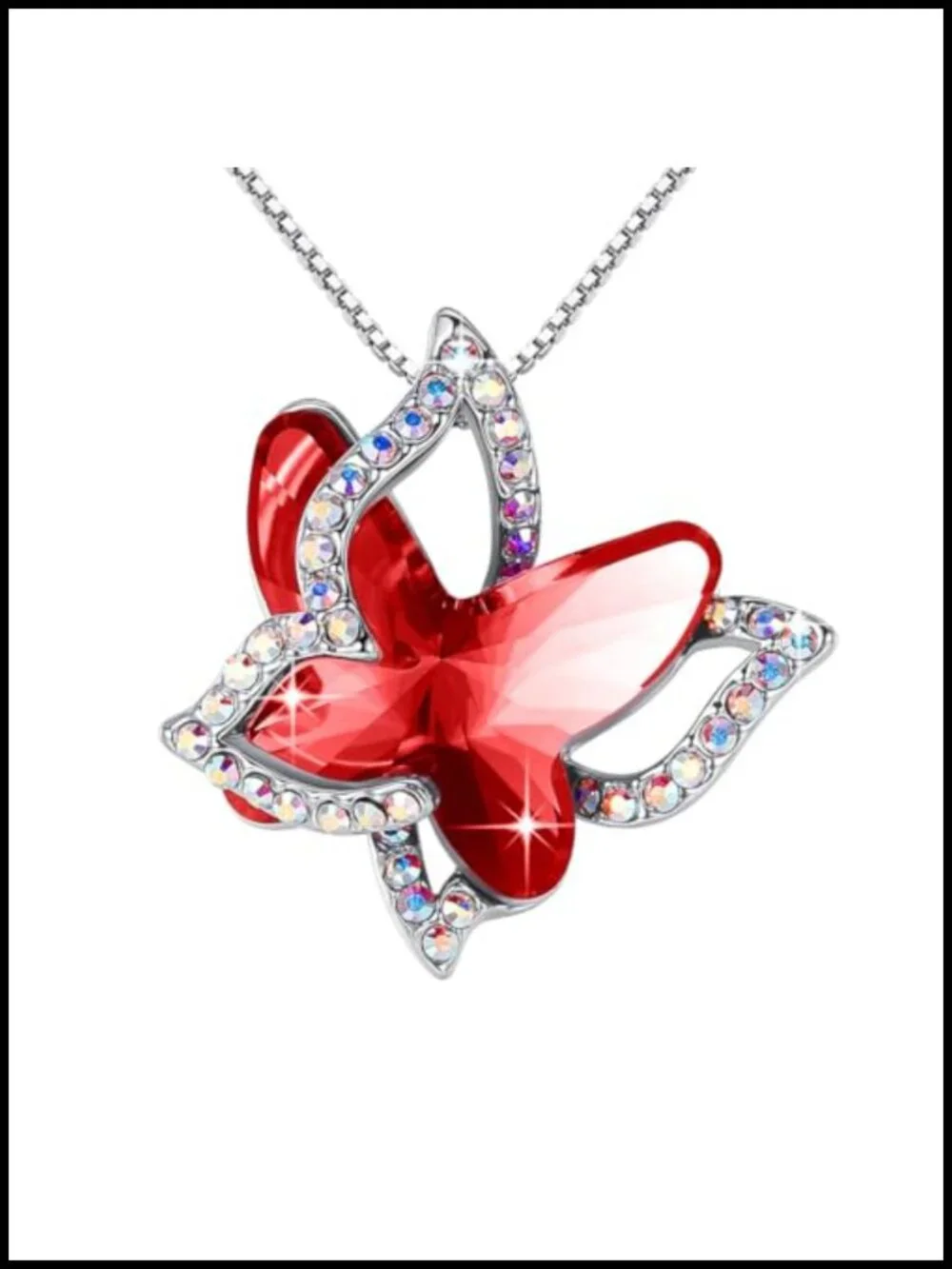 Silver Tone Butterfly Crystal Pendant Necklace with Extender